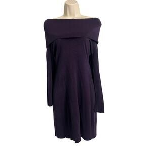 Connected Apparel Purple Sweater Dress M Off Shoulder Cowl Neck Cozy Knit